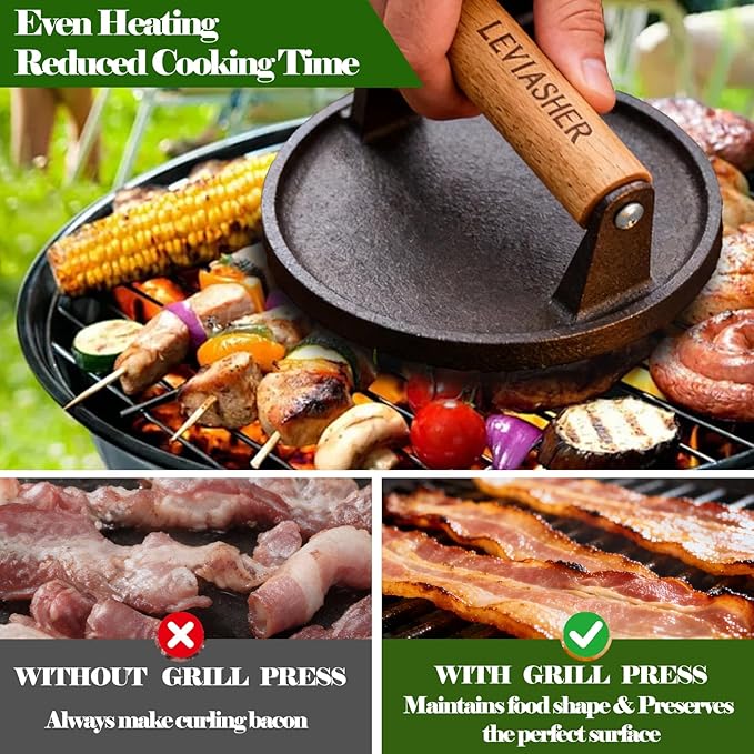 2.3lb Steak Weight & Burger Press, Striped Base, 7" Heavy Duty Cast Iron Grill Press with Wood Handle for Blackstone, Chef, Camp, Panini, Vegetable, Bacon, Sandwich, BBQ