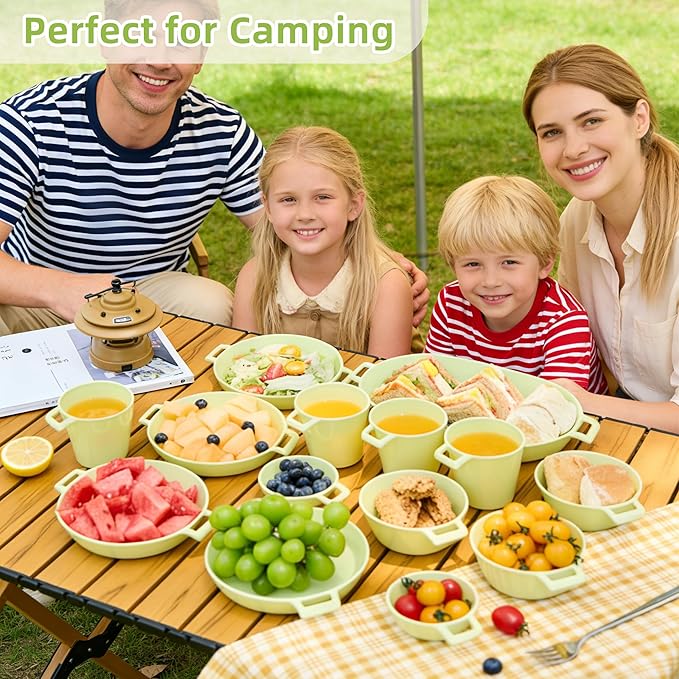 Dinnerware Set for 4, 21-Piece Reusable Plates and Bowls Set with Mesh Bag, Cups, Sauce Dishes and Serving Platters, Lightweight Outdoor Dish Set for Picnic, RV, Patio, BBQ, Cream White