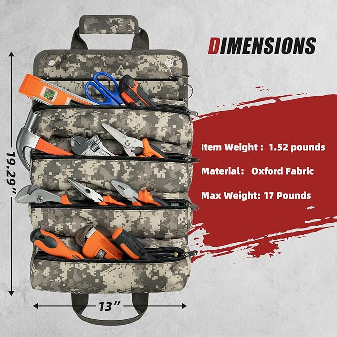 Tool Bag Roll Up, UUP Heavy Duty Rolled Empty Tool Storage Organizing, Portable Tool Roll Container with 2 Detachable Pockets, Folding Tool Holder, Father Day Dad Men Electrician Gift, Camouflage