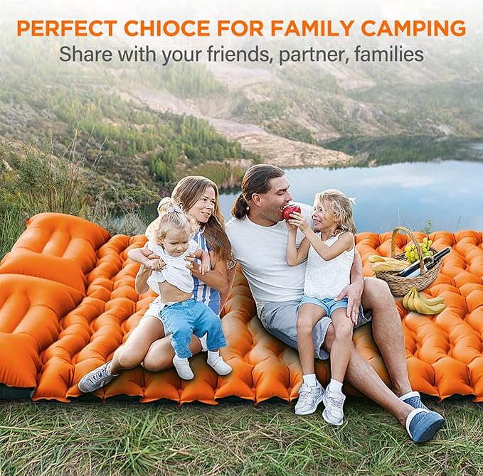 Yuzonc Double Sleeping Pad for Camping, 4" Extra Thick Self-Inflating Air Mattress - 2 Person Inflatable Camping Mat with Built-in Foot Pump & Pillow, Backpacking Hiking Tent Travel-Orange