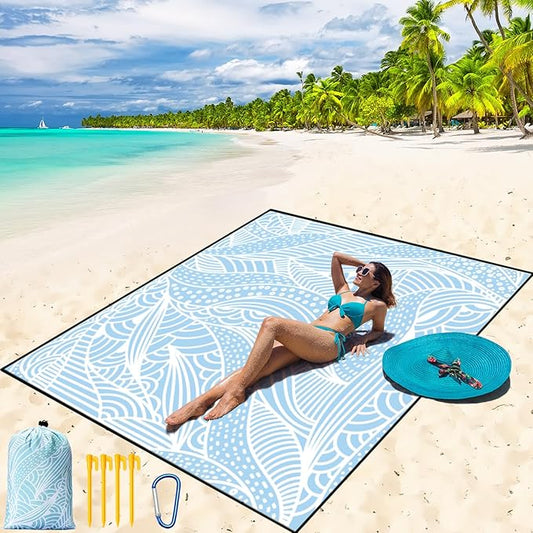 WIWIGO Beach Blanket Waterproof Sandproof Beach Mat 79" X 83"/10'x9'for 2-8 Adults Quick Drying Outdoor Picnic Mat Beach Accessories for Travel, Camping, Hiking