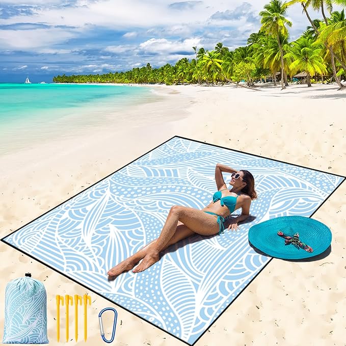 WIWIGO Beach Blanket Waterproof Sandproof Beach Mat 79" X 83"/10'x9'for 2-8 Adults Quick Drying Outdoor Picnic Mat Beach Accessories for Travel, Camping, Hiking