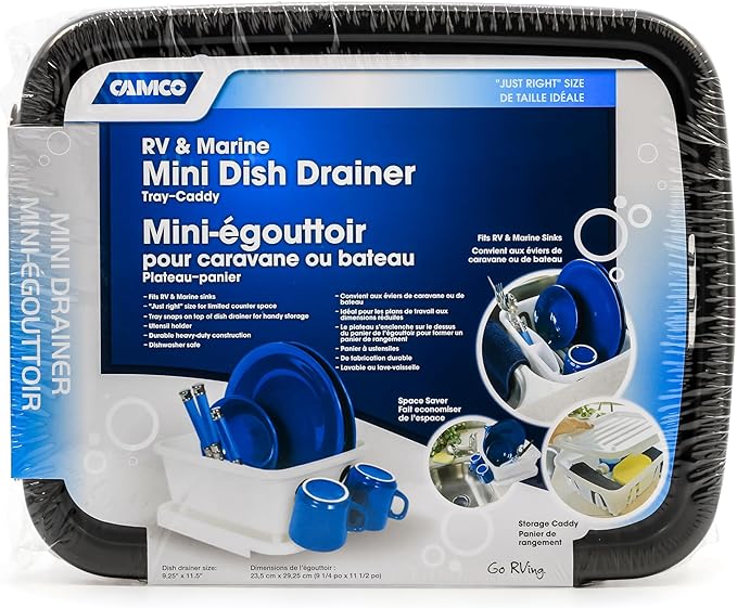 Camco RV Mini Dish Drainer & Tray - Features a Sloped Drain Tray Design, Heavy-Duty Construction - Ideal for Small Spaces, Apartments, Boats, and More -9.5" L x 11.7" W x 4.75" H - Black (43512)