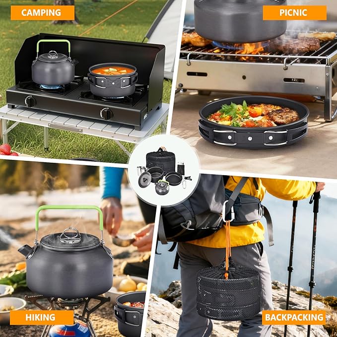 ROVSUN 34/10/6 pcs Camping Cookware Mess Kit, Lightweight Non-Stick Camping Cooking Pot and Pan Set with Stainless Steel Camping Gear Kettle Cup for Open Fire, Backpacking, Outdoor Cooking
