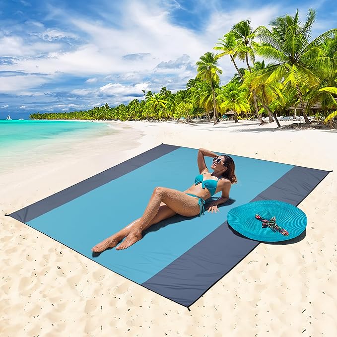 WIWIGO Beach Blanket Waterproof Sandproof Beach Mat 79" X 83"/10'x9'for 2-8 Adults Quick Drying Outdoor Picnic Mat Beach Accessories for Travel, Camping, Hiking