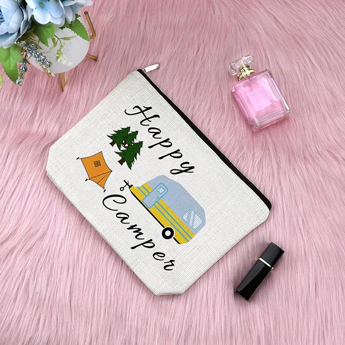 Sazuwu Camper Gifts for Her Makeup Bag Camping Lover Gifts for Women Happy Camper Themed Gifts Cosmetic Bag Funny Camping Gifts for Adults Girls Trip Gifts Vacation Gifts for Friends Travel Pouch