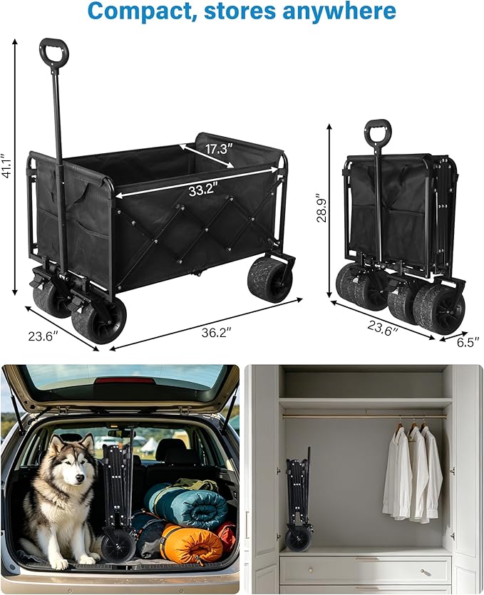 600LBS Beach Wagons Carts Foldable for Sand, Heavy Duty Collapsible Wagon with Brakes & All-Terrain Big Wheels, Large Foldable Folding Wagons for Beach Camp Sports Grocery, Portable
