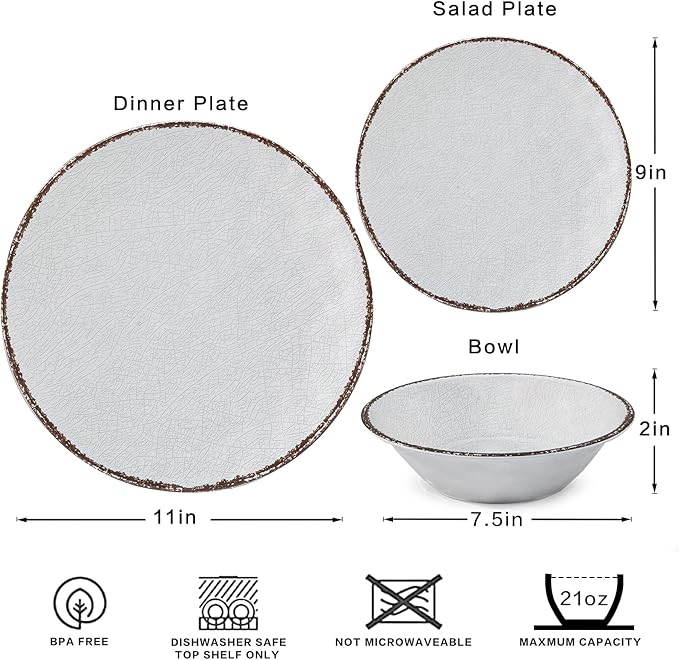 LEHAHA Farmhouse White Melamine Plates and Bowls Set, White dishes Rustic Farmhouse Dinnerware Set, Lightweight Melamine Dishes Set for 4, Perfect for RV, Camper, Dishwasher Safe