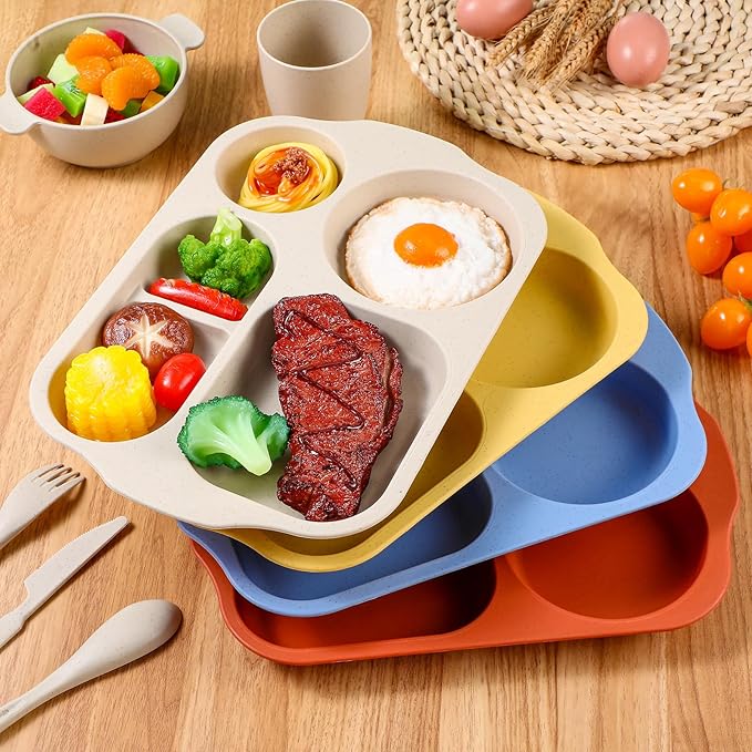 24 Pcs Wheat Straw Dinnerware Cutlery Set for Aldult Including Divided Plates Microwave Dishwasher Safe Bowl Unbreakable Tableware Straw Cutlery Spoon Knife Fork(Mixed Color)
