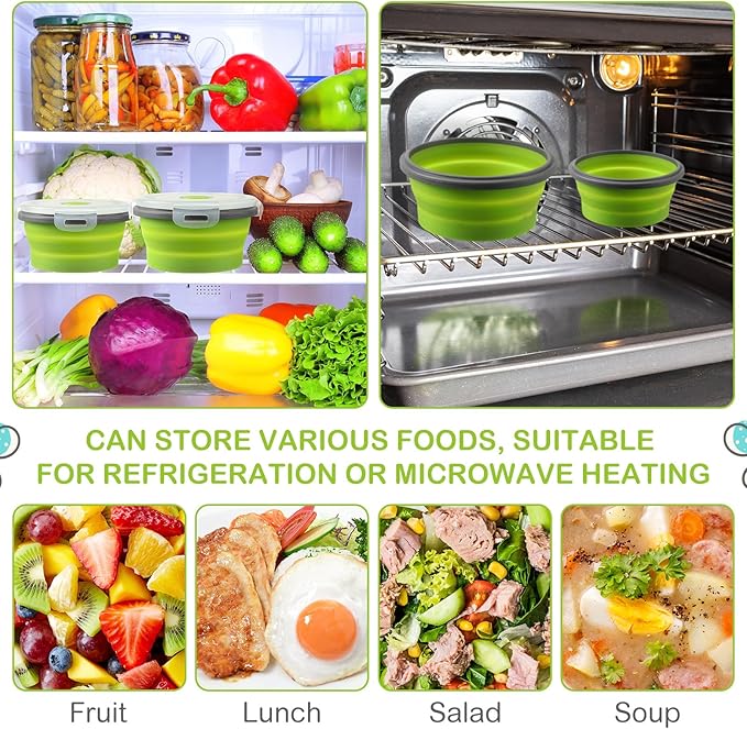 Suclain 4 Pcs Collapsible Bowls with Lids Silicone Camping Food Storage Container Expandable Folding Salad Lunch Box Travel Container for Hiking Camping