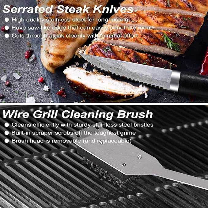 POLIGO 26 PCS BBQ Grill Accessories Stainless Steel BBQ Tools Grilling Tools Set with Storage Bag for Fathers Day Dads Birthday Presents - Camping Grill Utensils Set Ideal Grilling Gifts for Men Black