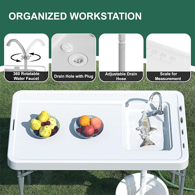 Fish Cleaning Table with Sink, 42.5" Folding Camping Table & Fish Cleaning Station with Measure Mark, Camping Sink with Hose Hookup for Outdoor Picnic, Beach, Dock & Patio Use