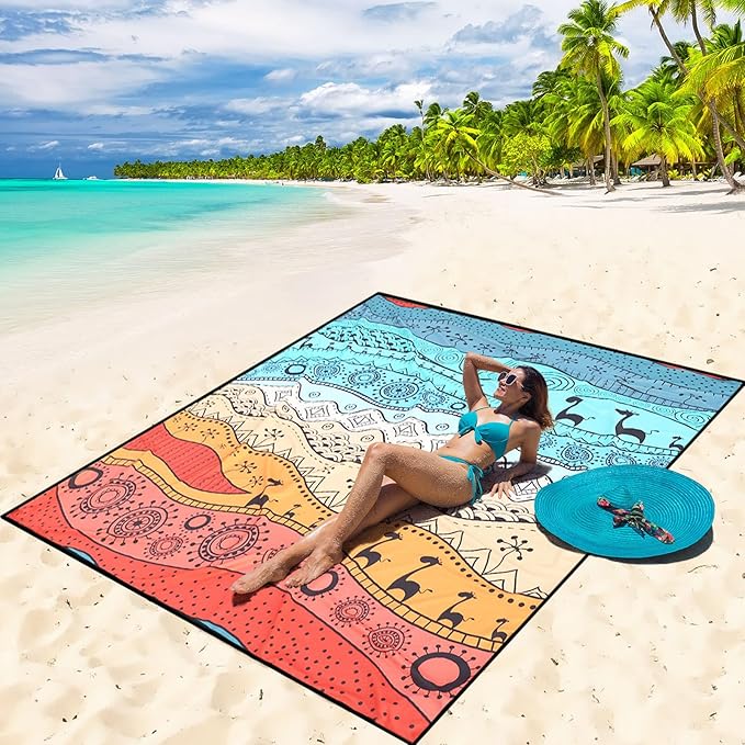 WIWIGO Beach Blanket Waterproof Sandproof Beach Mat 79" X 83"/10'x9'for 2-8 Adults Quick Drying Outdoor Picnic Mat Beach Accessories for Travel, Camping, Hiking
