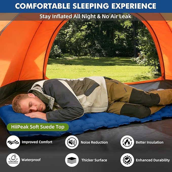HiiPeak Camping Sleeping Pad, Suede Top Camping Mat with Pillow, Built-in Foot Pump Inflatable Sleeping Pads Compact for Camping Backpacking Hiking Traveling Tent