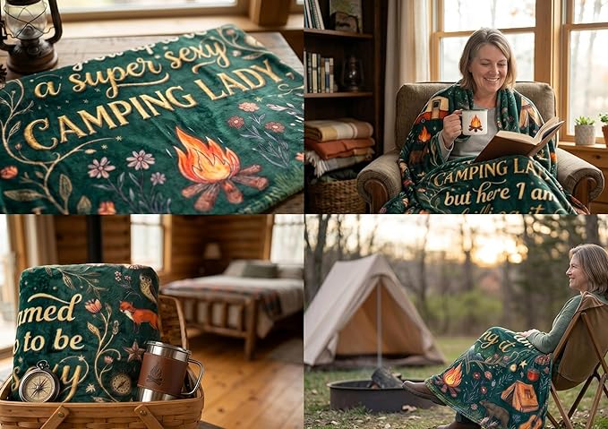Camping Gifts for Women Men Lovers Throw Blanket, Happy Campers Decor Outdoor, RV Campsite Travel Hiking - Lady, 50" x 65"