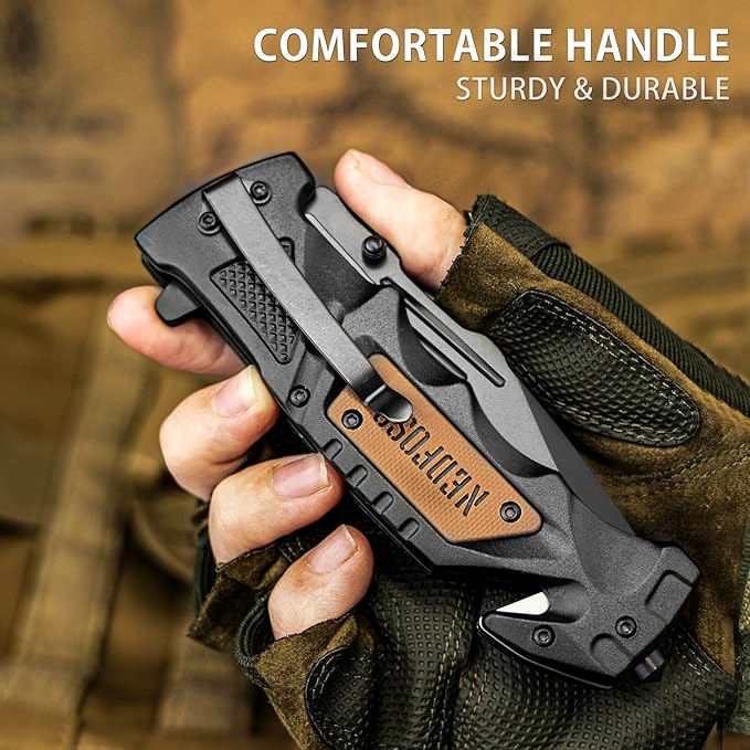 NedFoss Pocket Folding Knife Gift for Men DA75, 3 in 1 Pocket Knife for Men, 3.9” Serrated Blade, Cool knives for Dad Fathers Day, Survival Knife with Liner-Lock Belt Clip, Seat Belt Cutter, Glass Breaker, Tacical Gear, Hunting knife for Camping Hiking...