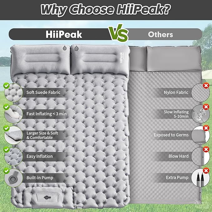HiiPeak Double Sleeping Pad for Camping - Suede Top Camping Mattress with Pillow, Built-in Foot Pump, Compact Inflatable 2-Person Portable Mat for Backpacking, Hiking, Car Traveling, Beach, Tent