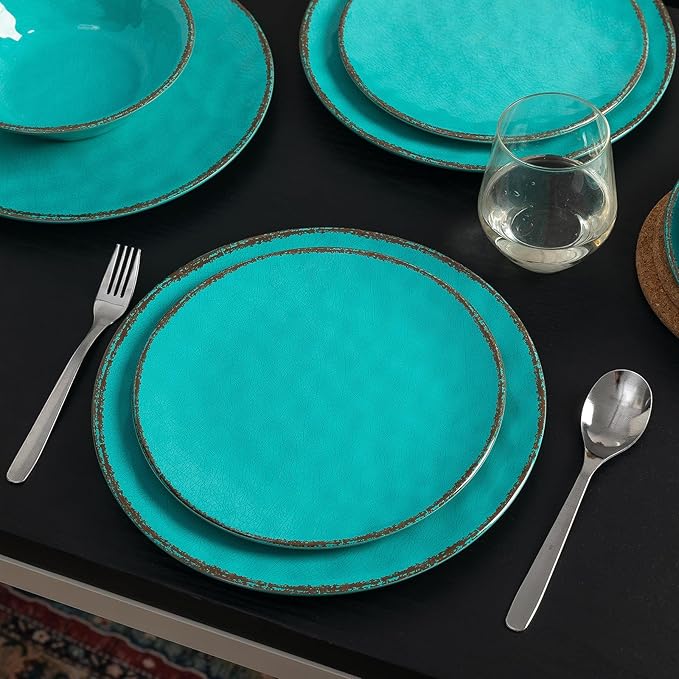 LEHAHA Rustic Melamine Dinnerware Sets, 12-piece Dishes Plastic Dinnerware Set for 4, Break-resistant Plates and Bowls Set, Outdoor Casual & Party Use Kitchen Dishes Set, Teal…