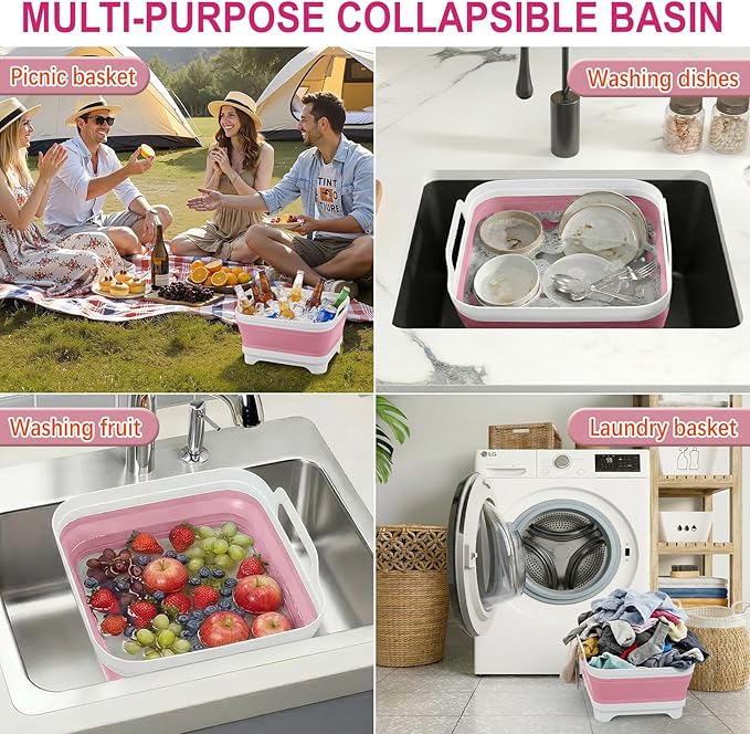 Collapsible Wash Basin for Baby Bottles with Drying Rack – 2.4 Gallon Foldable Dish Tub with Handles, Portable RV Camping Sink & Space-Saving Wash Bin with Lid for Kitchen, Travel & Outdoor, Pink
