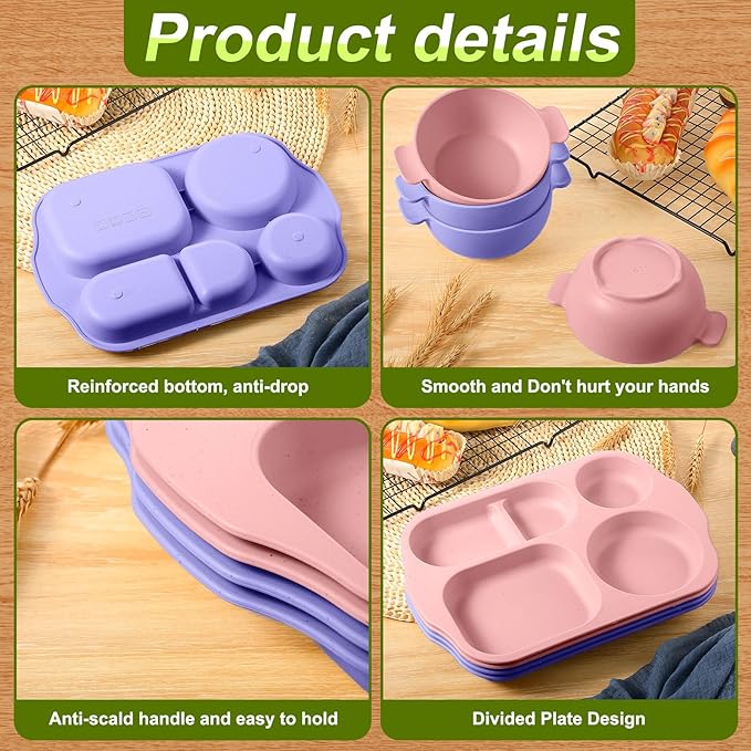 24 Pcs Wheat Straw Dinnerware Cutlery Set for Aldult Including Divided Plates Microwave Dishwasher Safe Bowl Unbreakable Tableware Straw Cutlery Spoon Knife Fork(Light Purple, Light Pink)