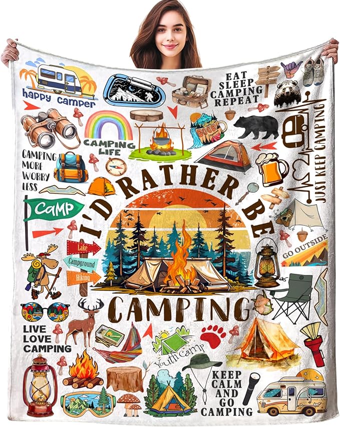Camping Blanket Gifts for Men Women Stuff Plush Camper Blankets and Throws Camping Essentials Gifts for Men Women Boys Teens Camper Lovers Birthday Party Decorations Hiking Fishing 80"X60"