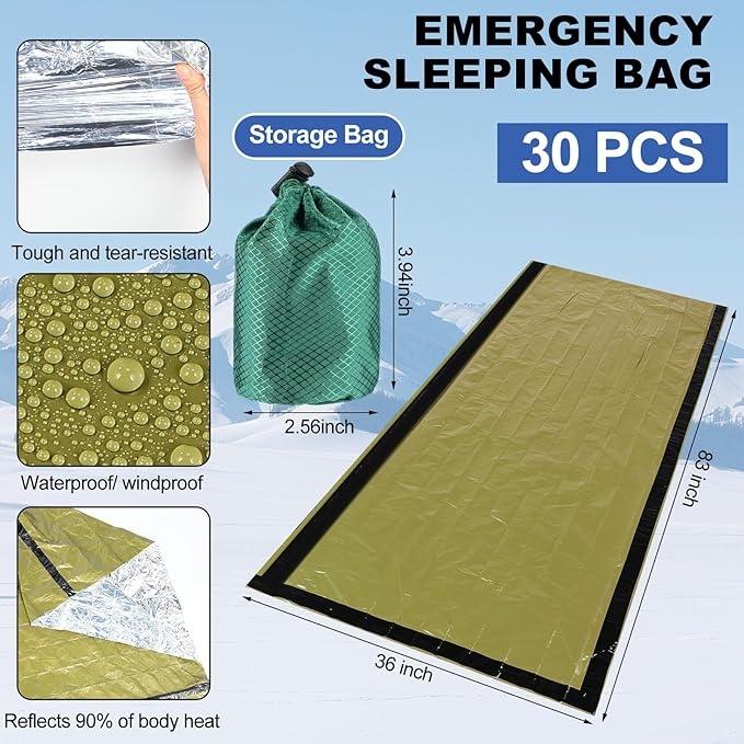Chicingyou 8 Pcs Portable Emergency Thermal Blanket Camping Sleeping Bag Solar Rechargeable Flashlight Emergency Safety Whistle Gloves Scarf Socks Beanie Set for Camping Hiking Travel Hunting (Green)