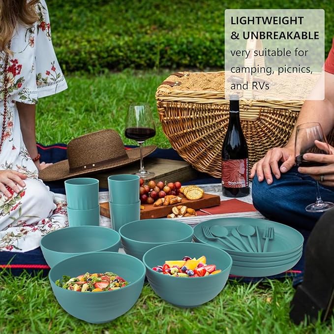 Wheat Straw Plates and Bowls Sets 28 PCS,Chip Resistant Dinnerware Sets for 4,Microwave Safe Dish Sets, Stackable and Lightweight Cup Set, Cutlery Set for Kitchen,Outdoor,Camping(Green)