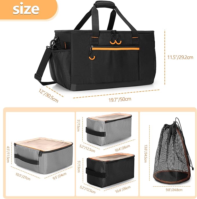 GRAOSO Camping Gear Organizer, 3 Pcs Camping Packing Cubes and 1 Pcs Mesh Pocket with Carrying Bag for Kitchen Supplies, 5-in-one Tactical Travel Storage with Transparent Window for Car Trunk, 45L