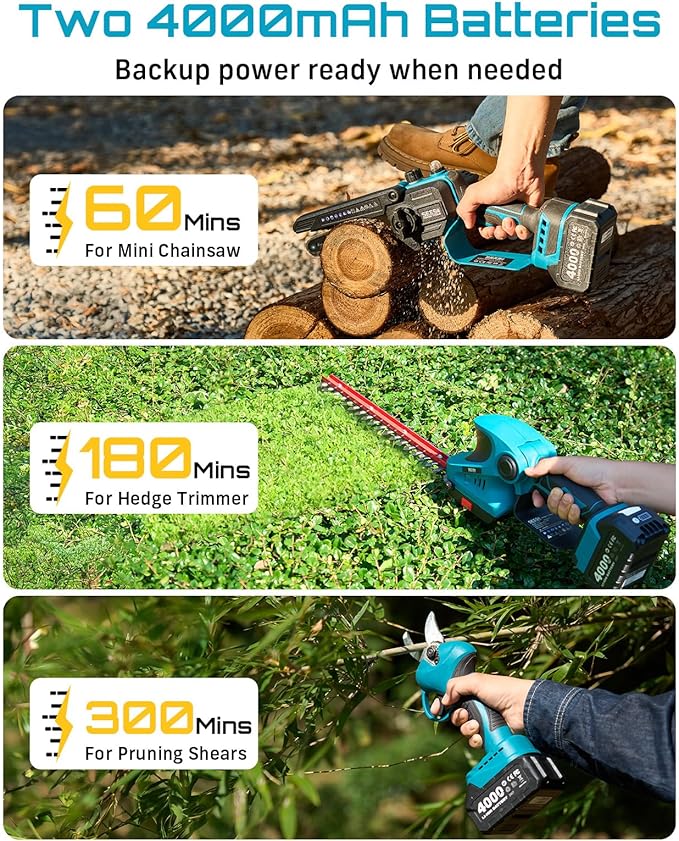 SEESII Cordless Pole Chainsaw, Hedge Trimmer, Pruning Shears, 4000mAh Battery Powered Extendable Garden Tool Kit for Outdoor Use, Electric Long Reach Saw, Hedge and Grass Trimmer, Pruner for Yard Care