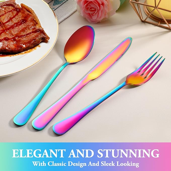 72 Pcs Rainbow Silverware Set with Steak Knives Service for 12,Stainless Steel Flatware Set,Mirror Polished Cutlery Utensil Set, Kitchen Eating Tableware,Include Fork Knife Spoon Set,Dishwasher Safe