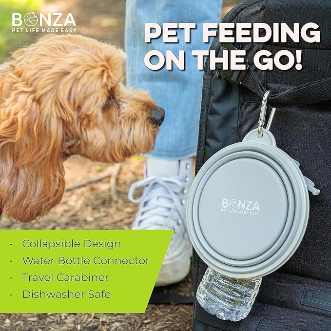 Bonza Collapsible Dog Bowls - Small 12 oz, Dog Travel Accessories, Silicone Portable Dogs Bowl & Water Dish with Reinforced Rim & Carabiner for Hiking, Camping, and Car Trips, Light Gray