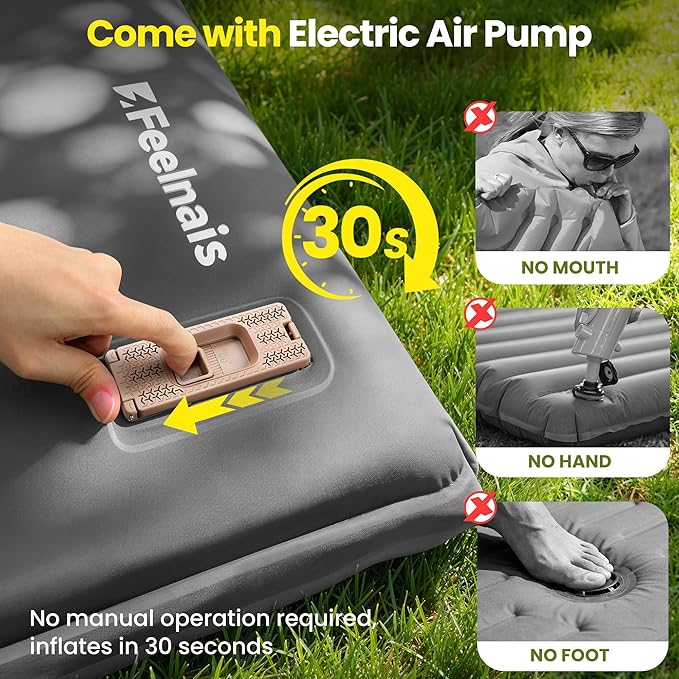 Self Inflating Sleeping Pad with Electric Pump, Memory Foam Camping Pad with Built-in Pillow, 4 Season Camping Mattress Pad, Camping Essentials Gear for Tent, Car, Hiking - Gray
