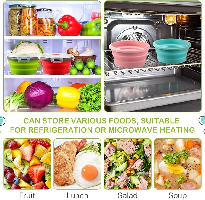 Suclain 4 Pcs Collapsible Bowls with Lids Silicone Camping Food Storage Container Expandable Folding Salad Lunch Box Travel Container for Hiking Camping