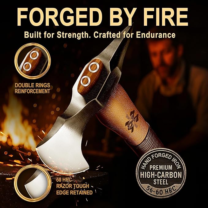 Grumpy Bear 15" Camping Hatchet, Survival Axe with Sheath, High Carbon Steel and Wood Handle, Anti-Slip Grip – Ideal for Bushcraft, Wood Splitting & Outdoor Adventures