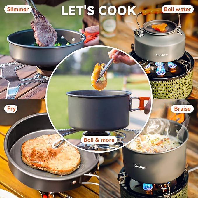 ONLYFIRE OUTDOOR LIVING15pcs Camping Cookware Set, Lightweight Nonstick Pots, Pan, Kettle, Utensils, Bowls, and Cleaning Tool with Mesh Bag for Camping Hiking Backpacking RV Tailgating Cooking, CT605