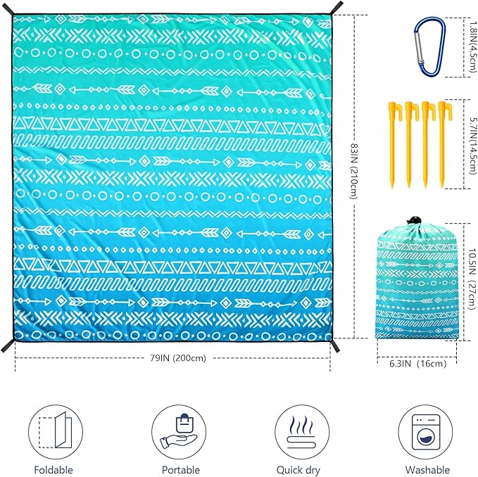 WIWIGO Beach Blanket Waterproof Sandproof Beach Mat 79" X 83"/10'x9'for 2-8 Adults Quick Drying Outdoor Picnic Mat Beach Accessories for Travel, Camping, Hiking