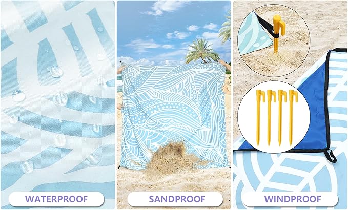 WIWIGO Beach Blanket Waterproof Sandproof Beach Mat 79" X 83"/10'x9'for 2-8 Adults Quick Drying Outdoor Picnic Mat Beach Accessories for Travel, Camping, Hiking