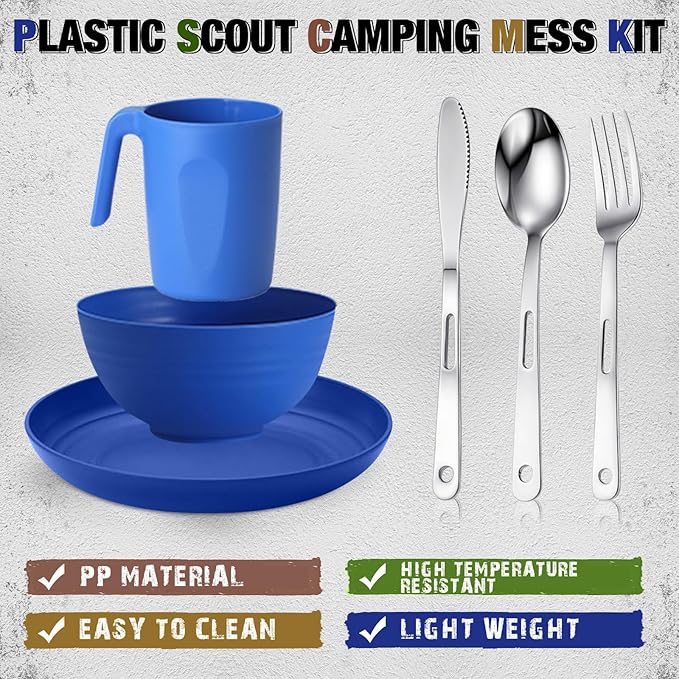 Scout Camping Mess Kit for Person Boy Scout Dishes Set Girl Scout Mess Kit with Mesh Bag Reusable Light Weight Eating Utensils Plastic Camping Cutlery Set for Travel Camp