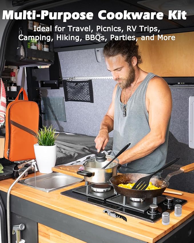 Hozzen Camping Cooking Set - Camping Utensil Set Car Camping Cooking Essentials Gear for Camp Kitchen Cooking and Grilling, Stainless Steel & Silicone Ideal Gift for RV Tent Camper, Picnics, BBQs