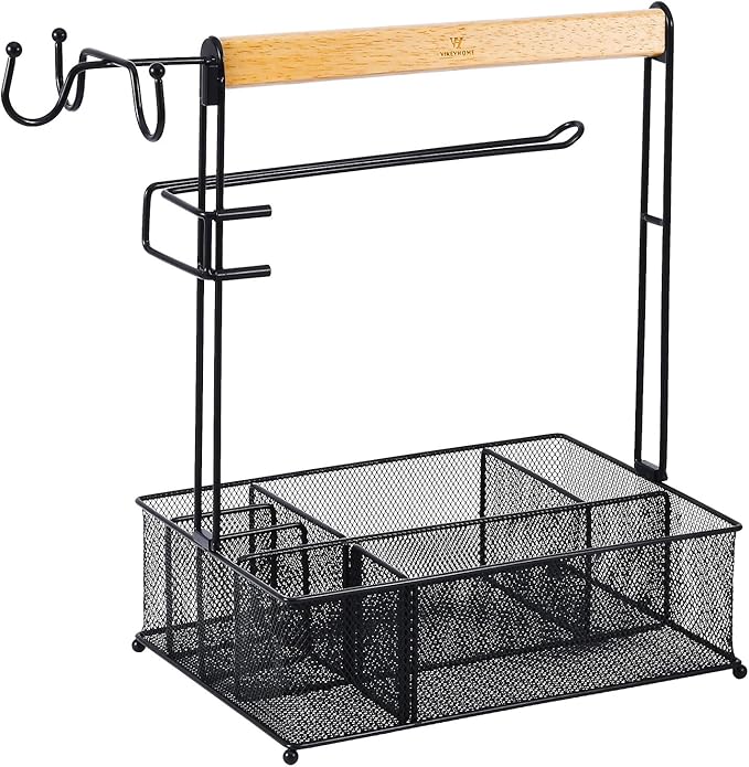 VIKEYHOME Grill Caddy, Picnic BBQ Organizer for Camping Outdoor Mesh Basket with 3 Hanging Hooks and Paper Towel Holder, Ideal Table Storage Tools for RV Camper/Tailgating/Flatware