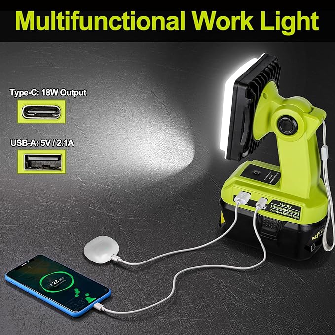 Choerinton 1800LM LED Work Light Compatible with Ryobi 18V Battery, 15W Cordless Portable Jobsite Light with USB Charging Port, Outdoor Rechargeable Floodlight for Car Repair, Camping, Hiking, Garage