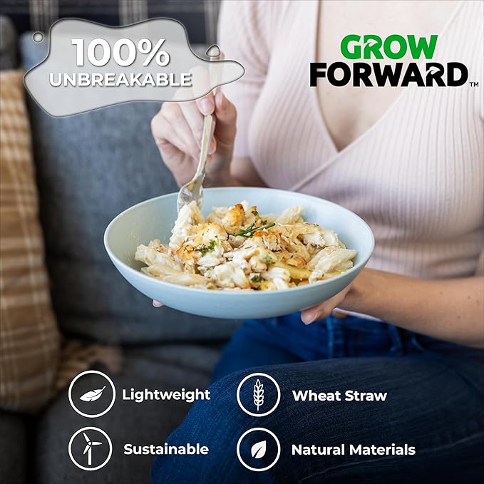 Grow Forward Premium Wheat Straw Pasta Bowls - 42oz Unbreakable Wide & Shallow Dinner Plate Bowls Set of 6 - Microwave Safe Reusable Plastic Pasta Bowls for Kids, Adults, Salad, Camping, RV - Tropical