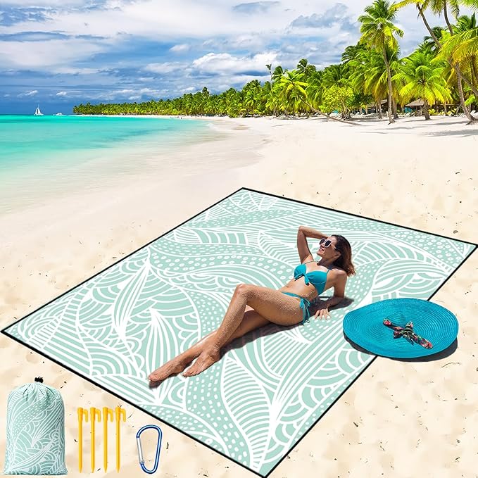 WIWIGO Beach Blanket Waterproof Sandproof Beach Mat 79" X 83"/10'x9'for 2-8 Adults Quick Drying Outdoor Picnic Mat Beach Accessories for Travel, Camping, Hiking