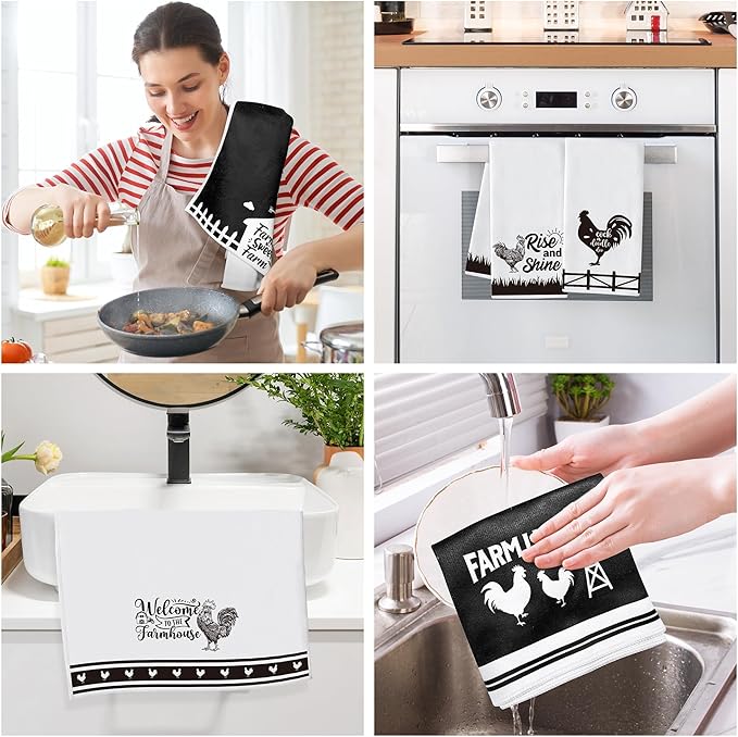 R HORSE Funny Chickens Kitchen Dish Towe - 5Pcs Farm Rooster Themed Kitchen Dishcloth Black White Chickens Absorbent Cleaning Dishcloth Bar Hilarious HandHand Towels for Mom Women Housewarming Gifts