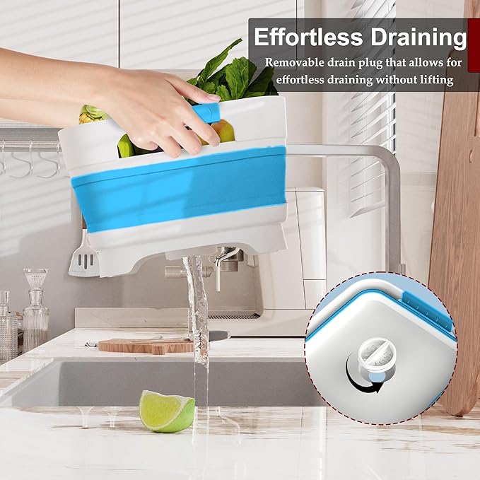 MontNorth 2.4 Gal Collapsbile Wash Basin with Drian Plug,9L Dish Pan for Soaking Baby Bottles,Portable Sink, Multiuse Foldable Bucket,Ice Beverage Tubs for Camping, Vegetable Washing, RV (Blue)