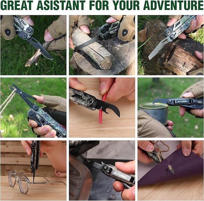 FLISSA Multitool, 18 in 1 Camo Multitool Pliers with Fire Starter, Window Breaker, Whistle, Stainless Steel EDC Gear with Sheath - Perfect for Survival, Simple Repair, Camping