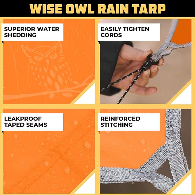 Wise Owl Outfitters Hammock Rain Fly – Waterproof Camping Tarp Cover with Tent Stakes & Carry Bag, Ultralight Shelter for Backpacking & Outdoor Shade