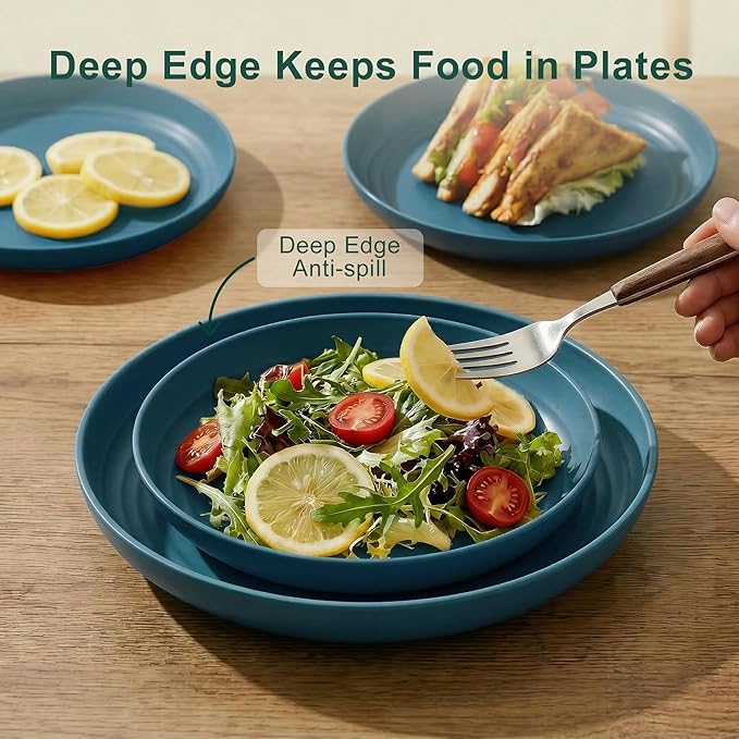 Wheat Straw Dinnerware Sets for 8, Unbreakable Bowl and Plate Set 40 Piece, Reusable Plastic Dish Sets for 8, Microwave and Dishwahser Safe Dining Set, Apartment and Kitchen Essentials - Blue