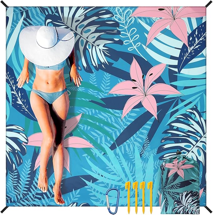 WIWIGO Beach Blanket Waterproof Sandproof Beach Mat 79" X 83"/10'x9'for 2-8 Adults Quick Drying Outdoor Picnic Mat Beach Accessories for Travel, Camping, Hiking