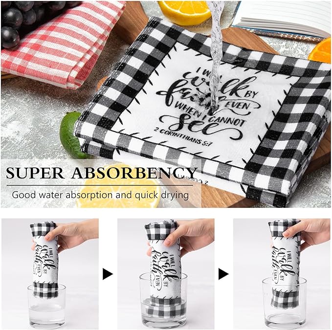 R HORSE 5Pcs Religious Christian Kitchen Dish Towel Black and White Check Cleaning Dishcloth Bible Verse Scripture Absorbent Bar Hand Towel Easter Gift for Women Men Housewarming Decor